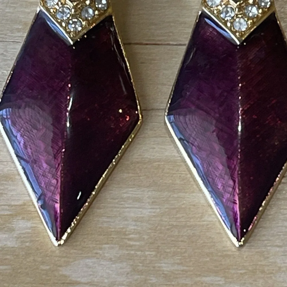Vintage 80-90s Purple Enamel Geometric Kite Dangle Earrings Gold Tone Rhinestone
